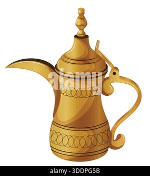 Caffettiera araba Dallah che rappresenta l'ospitalità mediorientale e la tradizione culturale islamica, illustrazione isolata Illustrazione Vettoriale