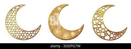 Golden Crescent Moon Collection con decorazione geometrica islamica e texture glitter isolata su sfondo bianco Illustrazione Vettoriale