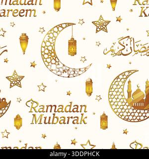 Moderno motivo oro senza cuciture per Ramadan Kareem & Mubarak con lune a mezzaluna con sagome moschea, lanterne fantasiose appese e stelle dorate Illustrazione Vettoriale