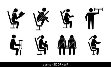 Icone vettoriali impostate per i posti a sedere prioritari e le norme di sicurezza nei trasporti pubblici. Include simboli per donne in gravidanza, disabili, neonati e sella Illustrazione Vettoriale