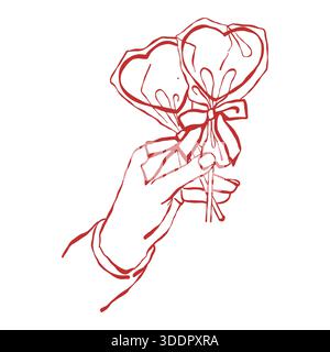 Una mano tiene i lecca-lecca a forma di cuore in un pacchetto con un fiocco su sfondo bianco. Illustrazione vettoriale romantica per San Valentino Illustrazione Vettoriale