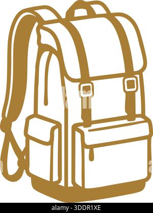 Un disegno dettagliato di un grande zaino da viaggio con tracolle, tasche e fibbie. Illustrazione Vettoriale