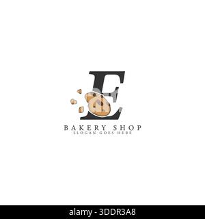 Logo lettera e con illustrazione dei cookie. Icona dell'alfabeto e che rappresenta prodotti da forno, dolci e marchi di cibo Illustrazione Vettoriale