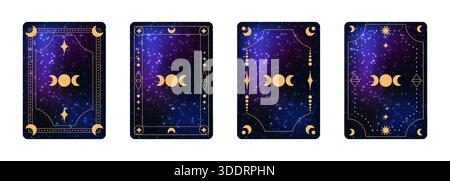Set di disegni mistici di carte tarocchi con il simbolo della dea della luna tripla cornici ornamentali dorate e sfondo stellato blu porpora della galassia cosmica. Modifica Illustrazione Vettoriale