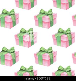 Confezione regalo rosa senza cuciture. Illustrazione acquerello. Per tessuti, carta da parati, carta da imballaggio, biglietti d'auguri, design, decorazione e. Foto Stock