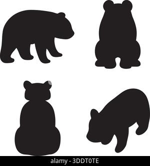 Grandi icone di silhouette di panda selvaggio ambientano la vista laterale, anteriore, posteriore e superiore illustrazione vettoriale Illustrazione Vettoriale