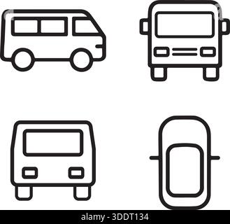 Disegno a linea delle icone minibus Imposta l'illustrazione grafica vettoriale delle viste laterale, anteriore, posteriore e superiore Illustrazione Vettoriale