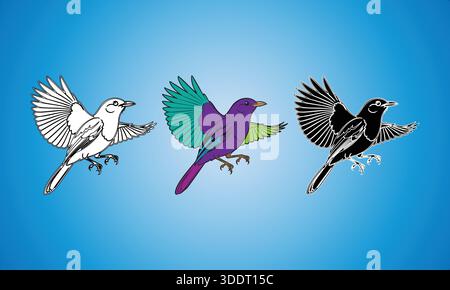 Tre uccelli stilizzati in volo, che mostrano diversi rendering artistici. Illustrazione Vettoriale