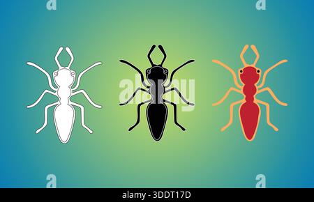Tre formiche stilizzate nelle versioni contorno, silhouette e colorate. Illustrazione Vettoriale