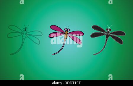 Tre libellule stilizzate che mostrano stili di design diversi. Illustrazione Vettoriale