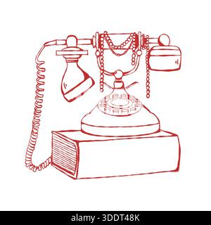 Telefono vintage retrò. Illustrazione vettoriale di un vecchio telefono con una serie di perle disegnate a mano. Clipart retrò lineare rosso. Illustrazione Vettoriale