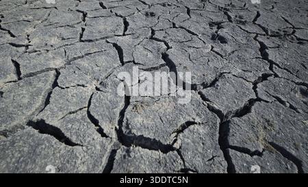 Il terreno desertico, incrinato, rivela un duro impatto climatico nel paesaggio ucraino, segnalando una sofferenza ecologica Foto Stock