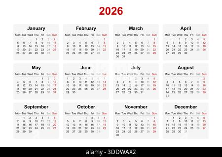 Illustrazione vettoriale del calendario inglese per l'anno 2026. Lunedì come primo giorno della settimana Foto Stock
