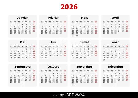 Illustrazione vettoriale del moderno calendario francese per l'anno 2026 Foto Stock