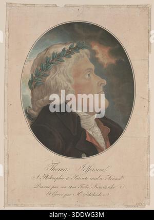 Illustrazioni storiche di Thomas Jefferson, filosofo americano, patriota e statista, mostrate in un ritratto ovale neoclassico inciso da Michał Sokolnicki su un disegno di Tadeusz Kościuszko. Foto Stock