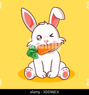 Happy Bunny che si fa l'occhiolino mentre si gode un Carrot snack Vector Illustration Cartoon Design Kawaii Illustrazione Vettoriale