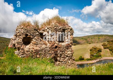 Muro in pietra in rovina ricoperto di erba e licheni nel vecchio castello di Alba a Zamora, in Spagna. Foto Stock
