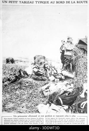 Pagina della rivista francese le Miroir, datata 25 ottobre 1914, intitolata "un petit tableau typique au bord de la Route". La foto mostra un prigioniero di guerra tedesco e la sua guardia gendarme francese che riposa fianco a fianco in un campo di fieno. La didascalia nota che il prigioniero è stato perso nel bosco prima di essere catturato. Questa immagine propagandistica era destinata a contrastare le rivendicazioni tedesche di maltrattamenti francesi sui prigionieri, sottolineando l'umanità delle forze francesi durante le prime fasi della prima guerra mondiale. Foto Stock