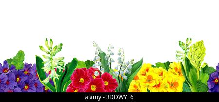Cornice ad acquerello dei primi fiori primaverili. Giglio della valle, primrose, fioriture di calendula e piante di Giacinto in stile naturale e floreale senza cuciture Foto Stock