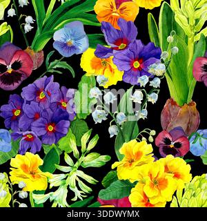 Motivo senza cuciture con fiori di primavera ad acquerello. Stampa Ditsy. Cottage Garden Flower. Giglio della valle, primrose, fioriture di calendula e Giacinto disegnano. Foto Stock