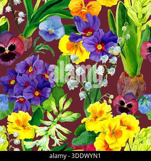 Motivo senza cuciture con fiori di primavera ad acquerello. Stampa Ditsy. Cottage Garden Flower. Giglio della valle, primrose, fioriture di calendula e Giacinto disegnano. Foto Stock