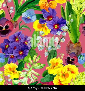 Motivo senza cuciture con fiori di primavera ad acquerello. Stampa Ditsy. Cottage Garden Flower. Giglio della valle, primrose, fioriture di calendula e Giacinto disegnano. Foto Stock