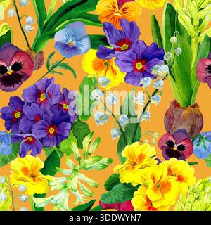 Motivo senza cuciture con fiori di primavera ad acquerello. Stampa Ditsy. Cottage Garden Flower. Giglio della valle, primrose, fioriture di calendula e Giacinto disegnano. Foto Stock