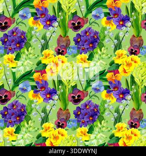 Motivo senza cuciture con fiori di primavera ad acquerello. Stampa Ditsy. Cottage Garden Flower. Giglio della valle, primrose, fioriture di calendula e Giacinto disegnano. Foto Stock