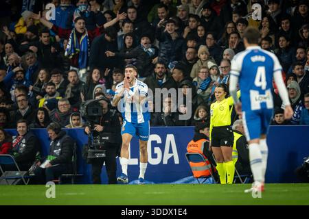 Barcellona, Spagna. 3 gennaio 2026. Roberto Fernandez (RCD Espanyol) gesta durante una partita della Liga EA Sports tra l'RCD Espanyol e il FC Barcelona allo stadio RCD di Barcellona, Spagna, il 3 gennaio 2026. Foto di Felipe Mondino credito: Agenzia fotografica indipendente/Alamy Live News Foto Stock
