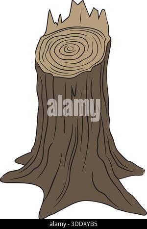 Un ceppo d'albero dettagliato che mostra la consistenza della corteccia e anelli di crescita circolari. Illustrazione Vettoriale