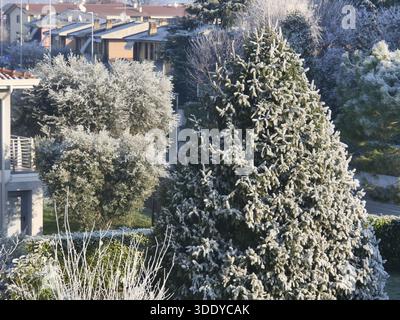 Bergamo, Italia. 4 gennaio 2026. Temperature artiche nel nord Italia, gelo e ghiaccio in questi primi giorni del 2026 nella Pianura Padana. Credito: Agenzia fotografica indipendente/Alamy Live News Foto Stock