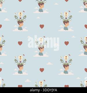 Salute mentale ragazzo Pattern senza cuciture. Testa di bambino con lampadina a cuore Fiori nuvole e farfalle su sfondo azzurro. Armonia concettuale, Self Care, Illustrazione Vettoriale