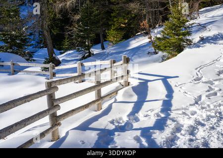 Recinzione in legno nella neve profonda Foto Stock