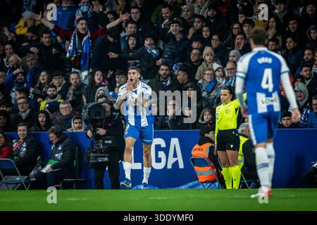 Barcellona, Spagna. 3 gennaio 2026. Roberto Fernandez (RCD Espanyol) gesta durante una partita della Liga EA Sports tra RCD Espanyol e FC Barcelona allo stadio RCD. Punteggio finale: RCD Espanyol 0:2 FC Barcelona. Credito: SOPA Images Limited/Alamy Live News Foto Stock