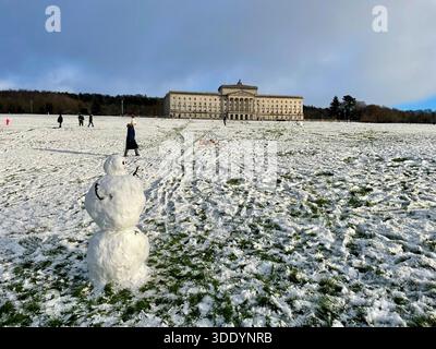 Condizioni invernali nella tenuta Stormont a est di Belfast. Gli avvisi meteorologici sono attivi in tutta l'isola d'Irlanda a causa della neve e del ghiaccio. Data foto: Domenica 4 gennaio 2026. Foto Stock