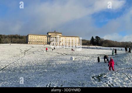 Condizioni invernali nella tenuta Stormont a est di Belfast. Gli avvisi meteorologici sono attivi in tutta l'isola d'Irlanda a causa della neve e del ghiaccio. Data foto: Domenica 4 gennaio 2026. Foto Stock