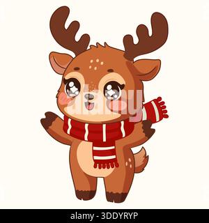 Una renna super carina e felice con grandi occhi scintillanti e un sorriso allegro, con una sciarpa a righe rosse e bianche, pronta per il Natale Illustrazione Vettoriale