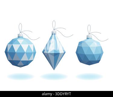 Un'illustrazione vettoriale con tre ornamenti poligonali blu e bianchi per alberi di Natale in basso stile poli: Due sfere e una forma a diamante, fusione su Illustrazione Vettoriale
