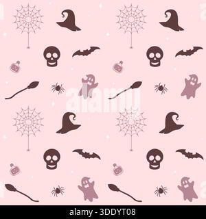 Un affascinante motivo vettoriale con graziose silhouette di Halloween dalle tonalità tenui, cappelli da strega, fantasmi, teschi, pipistrelli, ragni, pozioni, ragnatele e scopa, tutto su un Illustrazione Vettoriale
