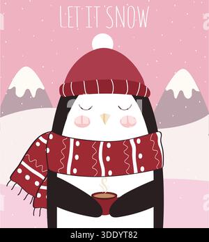 Un adorabile pinguino cartoni animati con cappello e sciarpa festosi, che regge una tazza fumante di cioccolata calda su uno sfondo innevato con il testo "Let IT Snow" Illustrazione Vettoriale