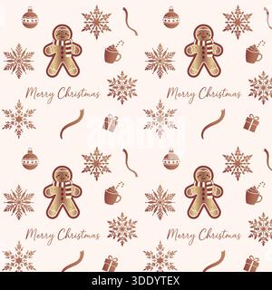 Un modello natalizio allegro e carino, caratterizzato da uomini di pan di zenzero, fiocchi di neve, ornamenti, tazze di cioccolata calda e scatole regalo in tonalità calde e silenziose Illustrazione Vettoriale