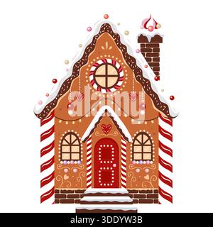 Una casa di pan di zenzero splendidamente decorata e stravagante, adornata da neve bianca, caramelle colorate, ghirlande festose, una porta rossa e affascinante W Illustrazione Vettoriale