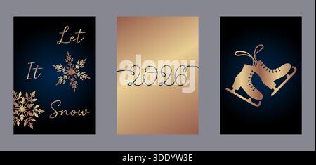 Un lussuoso trittico di carte a tema invernale in nero e oro, con "Let IT Snow" con fiocchi di neve, un disegno a linea continua di "2026" e un pai Illustrazione Vettoriale