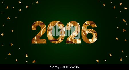 L'anno 2026 è stato realizzato in una ricca trama di lamina d'oro, incentrata su uno sfondo verde bosco scuro, con coriandoli d'oro sparsi surroundi Illustrazione Vettoriale