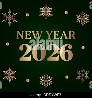 Un elegante design per Capodanno 2026 con lussuoso testo in oro rosa e intricati fiocchi di neve dorati su un ricco sfondo verde smeraldo. Illustrazione Vettoriale