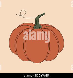 Un'illustrazione vettoriale elegante e minimalista di una zucca, sapientemente disegnata con un'unica linea nera continua. La zucca è caratterizzata da un gambo verde scuro Illustrazione Vettoriale
