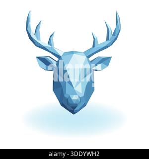 Un'impressionante illustrazione a basso contenuto di poli di una testa di cervo e di palchi con sfaccettature geometriche blu ghiacciato. La grafica presenta un design pulito e stilizzato Illustrazione Vettoriale