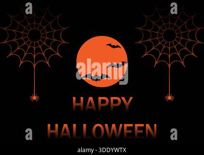 Un'illustrazione vettoriale scura e voluminosa con testo "Happy Halloween", una grande luna piena arancione con sagome di pipistrelli volanti e due ragnatele sospese Illustrazione Vettoriale