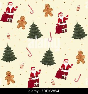 Un delizioso motivo festivo che si ripete senza cuciture con classici personaggi ed elementi natalizi Babbo Natale, zenzero, canne di caramelle, cupcake a. Illustrazione Vettoriale