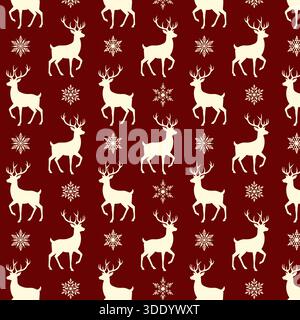 Elegante motivo natalizio senza cuciture con file ripetute di renne bianche e fiocchi di neve su uno sfondo rosso scuro. Ideale per design tessile, gif Illustrazione Vettoriale